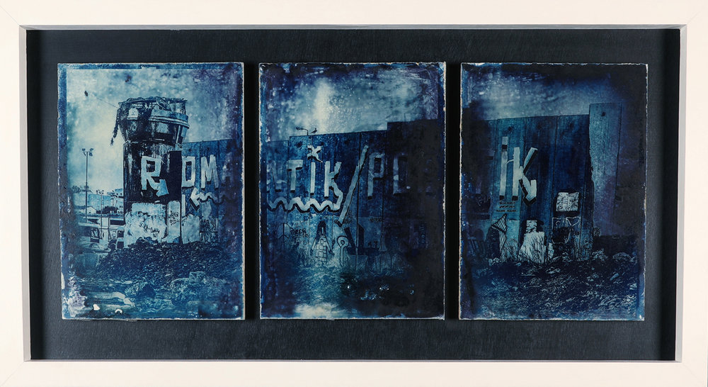 Zone A - A Palestinian view of Jerusalem    Cyanotype Triptych on Concrete, 122cm x 65cm    A chemical experiment and collaboration project in photochemistry and concrete. Cyanotype triptych on concrete panels, with a digital image I shot in Palestine that is chemically embedded onto the surface of the concrete, 2018.